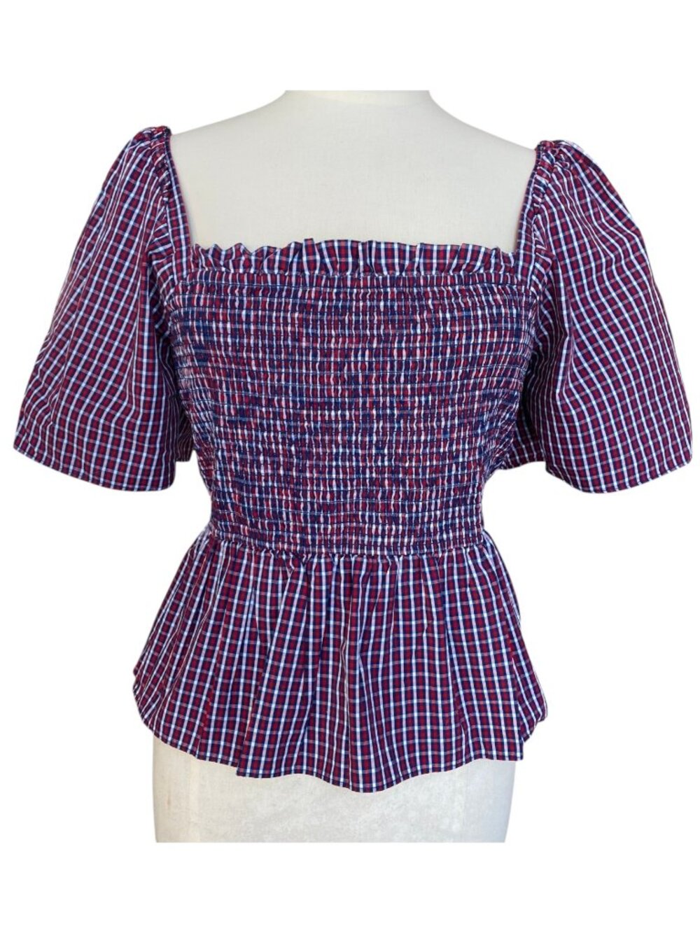 Draper James Gingham Smocked Square Neck Top Red Blue Peplum Cottage Coastal-XL